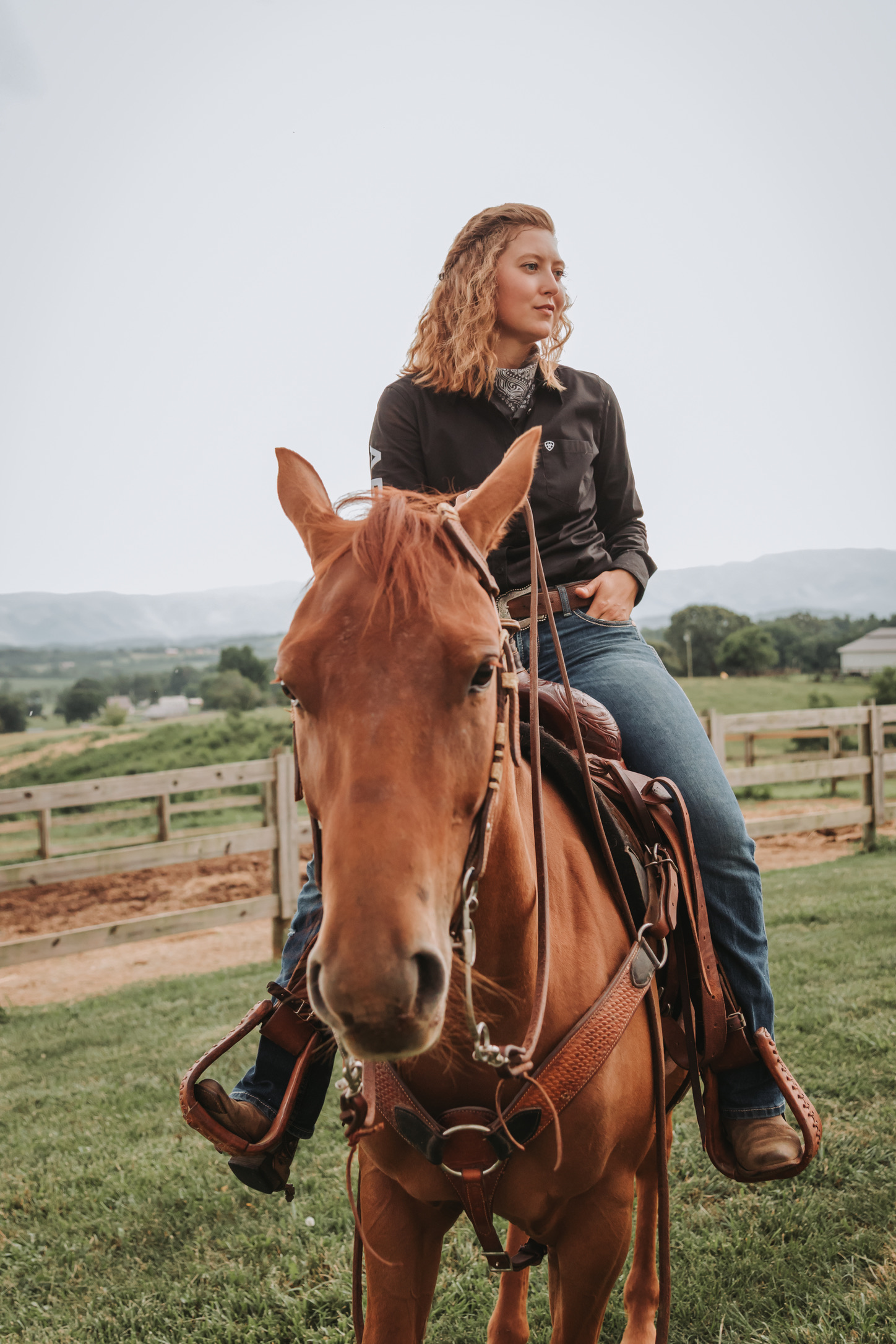 A rider on a chestnut horse with the mountains behind